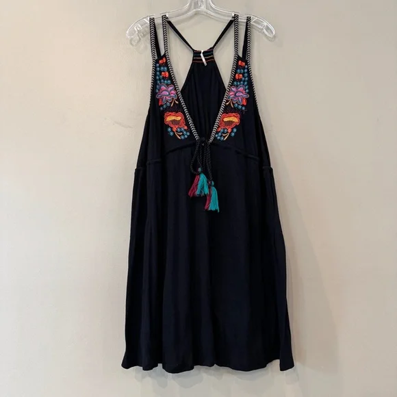 Free People Lovers Cove Mini Dress Black Sz L‎ Embroidered Festival Boho - Picture 4 of 15